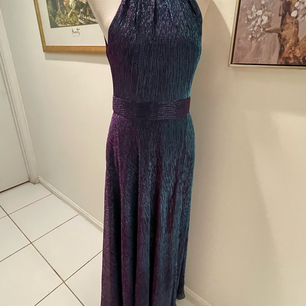 Betsy & Adam Halter Iridescent Purple-Teal Evening Gown